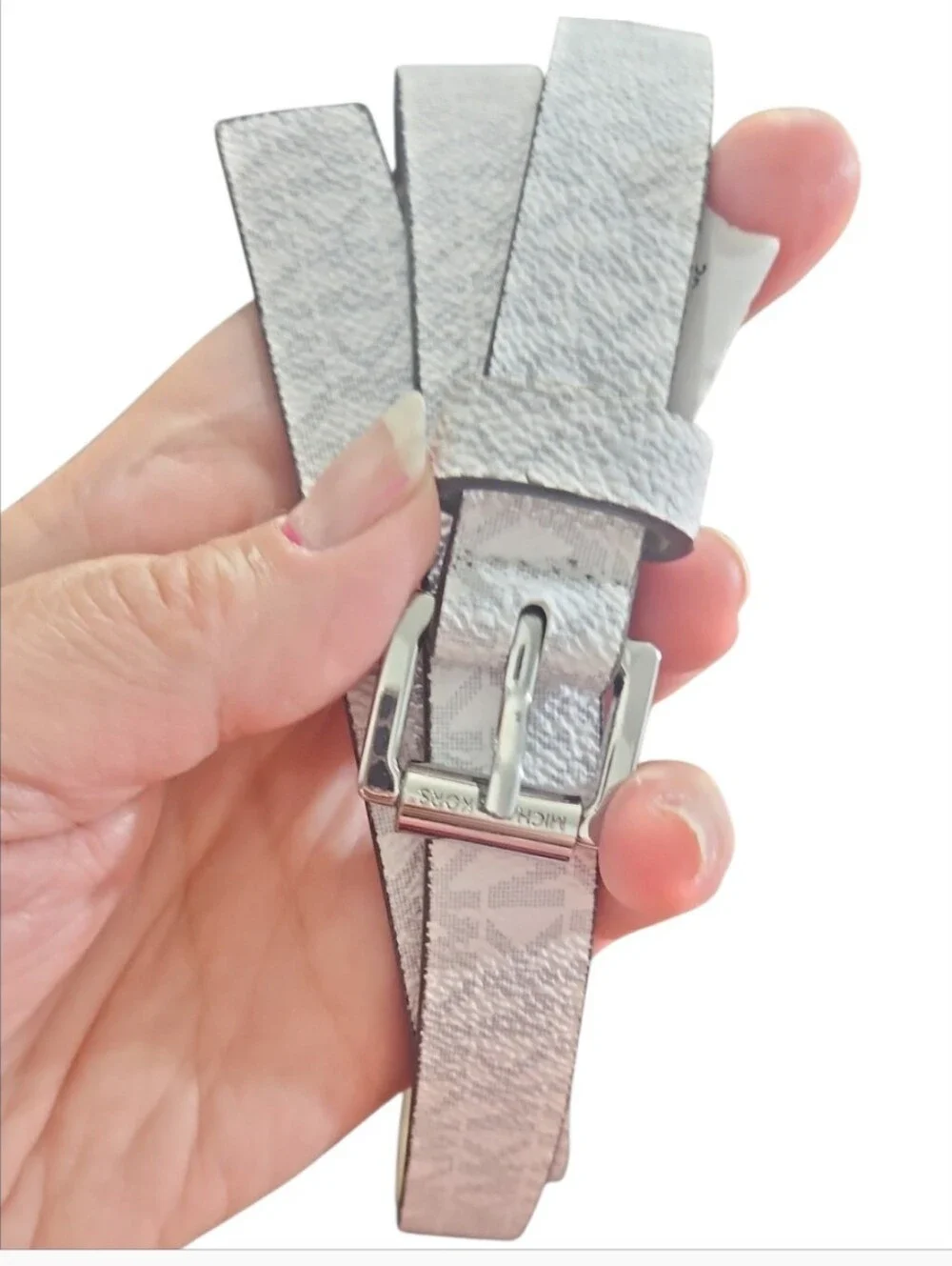 Michael Kors 556334C White Gray Monogram Logo Print Skinny Belt Silver Buckle